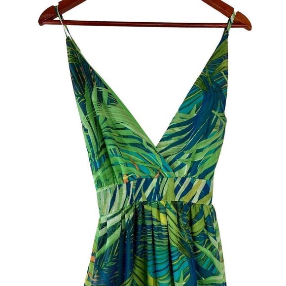 Revamped Tropical Leaf Print Maxi Dress Womens Large Coloful Chiffon Boho Glam - Picture 3 of 12